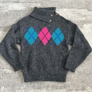 Gap Sweater Womens Large Vintage 80s 90s Argyle Wool Blend Gray Cowl Turtle Neck